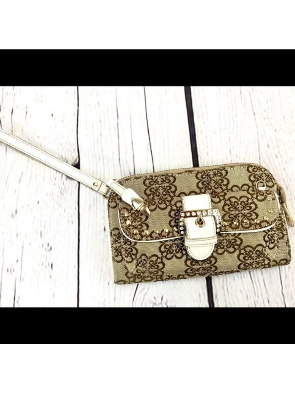 KATHY VAN ZEELAND WRISTLET CLUTCH PURSE W/ RHINESTONE METAL BUCKLE & STUDS!